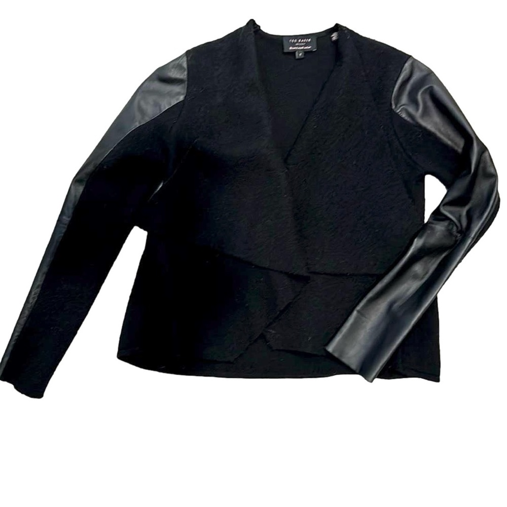 Ted Baker London black wool fly away blazer with leather trim, size 1